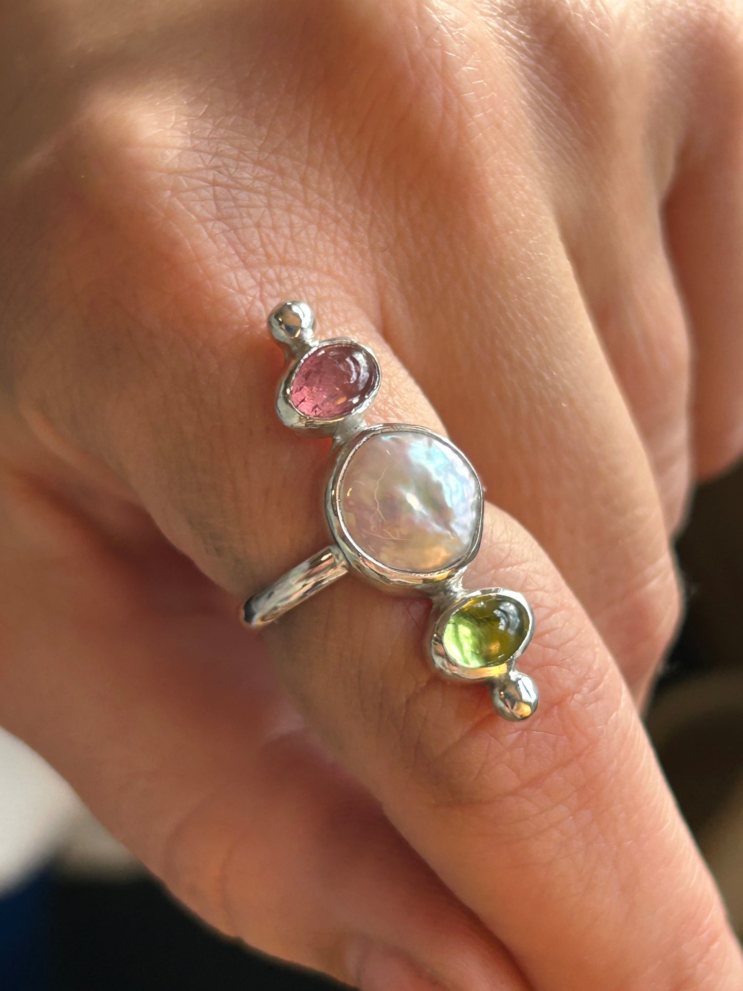 Pink Tourmaline, Peridot and Freshwater Pearl ring