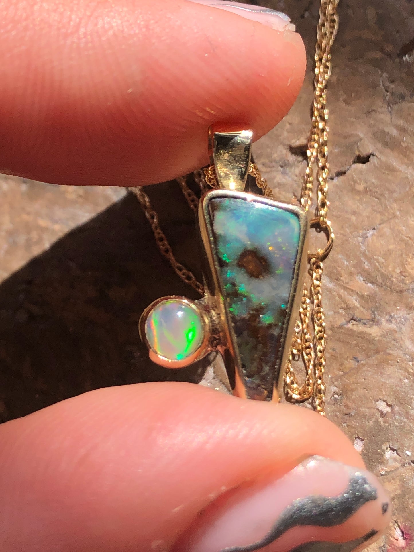 Australian Boulder Opal and Ethiopian Opal 14K Bezel with 14K 18” Chain #2