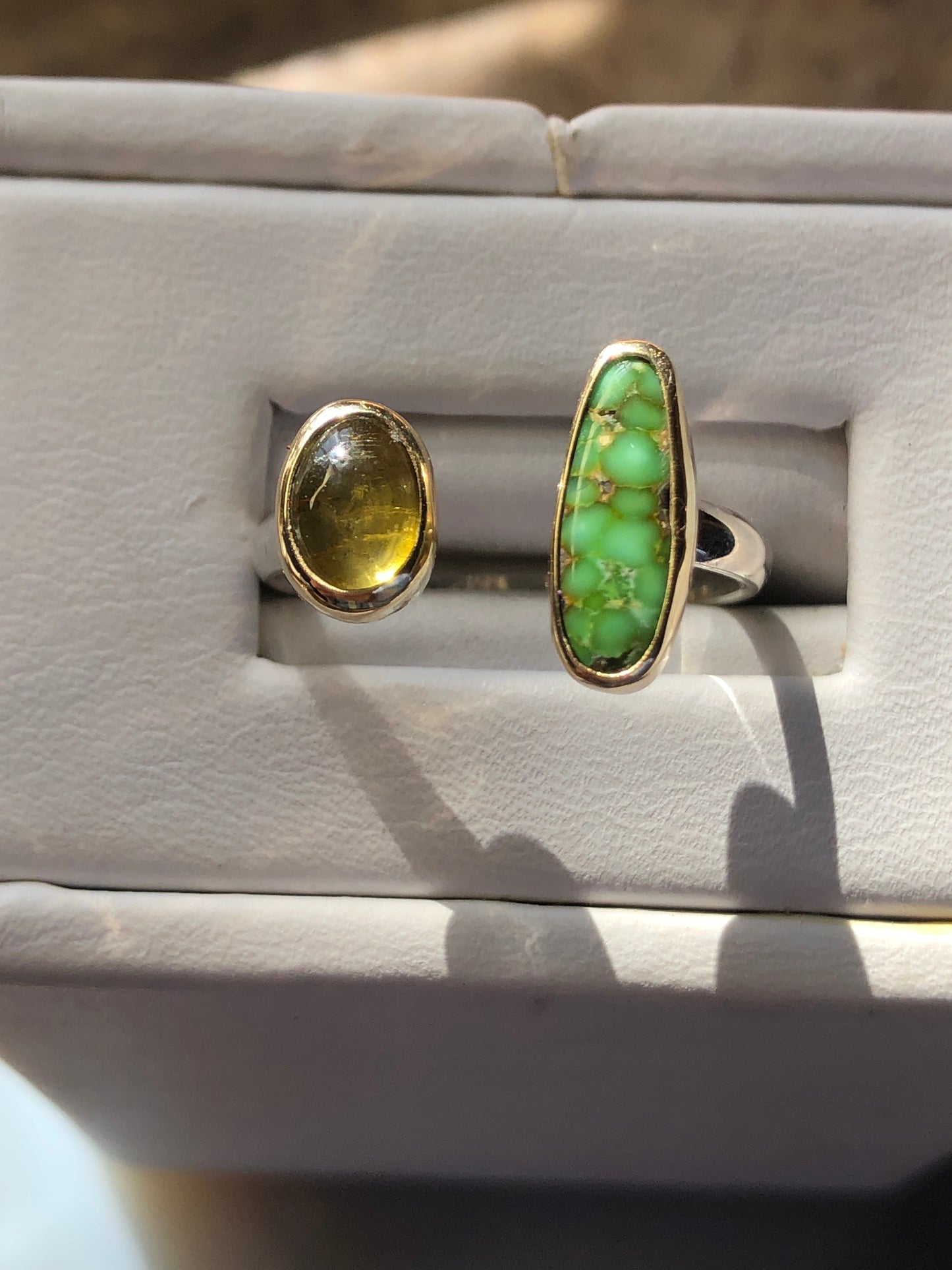 Sonoran Gold Turquoise and Green Tourmaline 14K Bezel Adjustable Ring Median Size 7.5