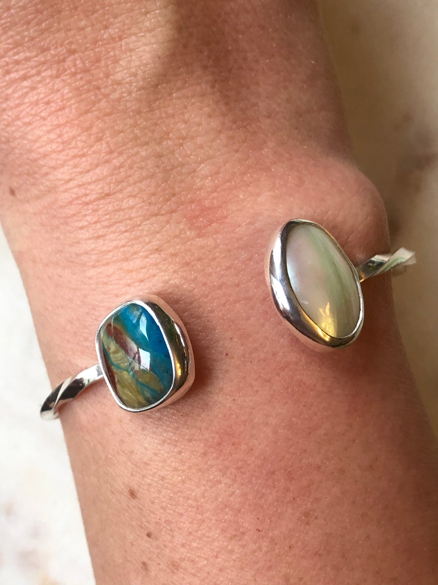 Blue Peruvian Opal and Mother of Pearl Adjustable Cuff