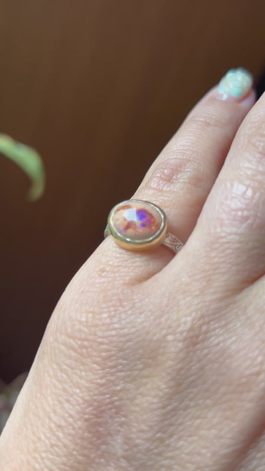 Mixed metal Fire Opal mini ring Size 4.5