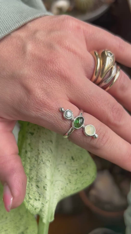 Green Tourmaline, Prehnite and Freshwater Pearl ring size