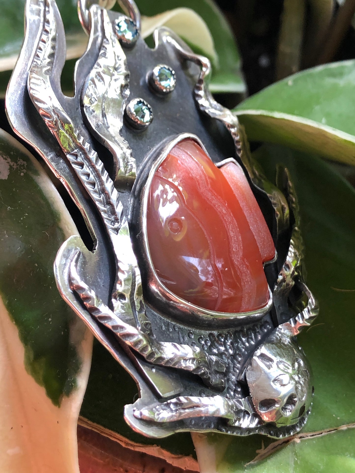 Carved Fish Agate Pendant